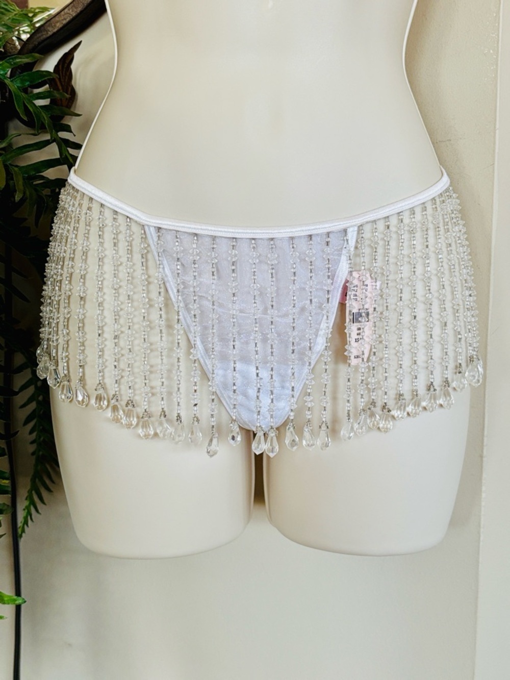 NWT Vintage Victoria's Secret White Sheer Crystal Beaded Fringe G-String Thong